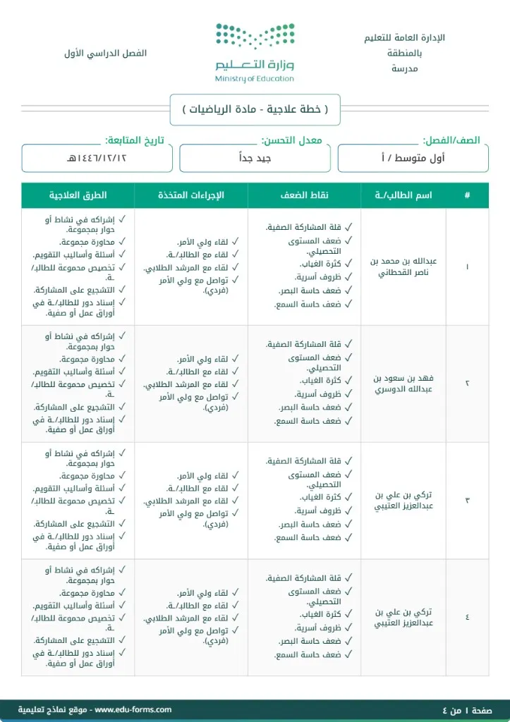 إنشاء خطة علاجية جماعية لأكثر من طالب: إنشاء وتخصيص خطة علاجية جماعية لأكثر من طالب مع إمكانية تحرير وإضافة جميع البيانات الخاصة بك، بطريقة سهلة واحترافية توفر عليه الوقت والجهد ويتم حفظ الملف النهائي بتنسيق صورة أو ملف pdf لسهولة الطباعة بجودة عالية وإعادة الاستخدام في تقارير ونماذج أخرى.