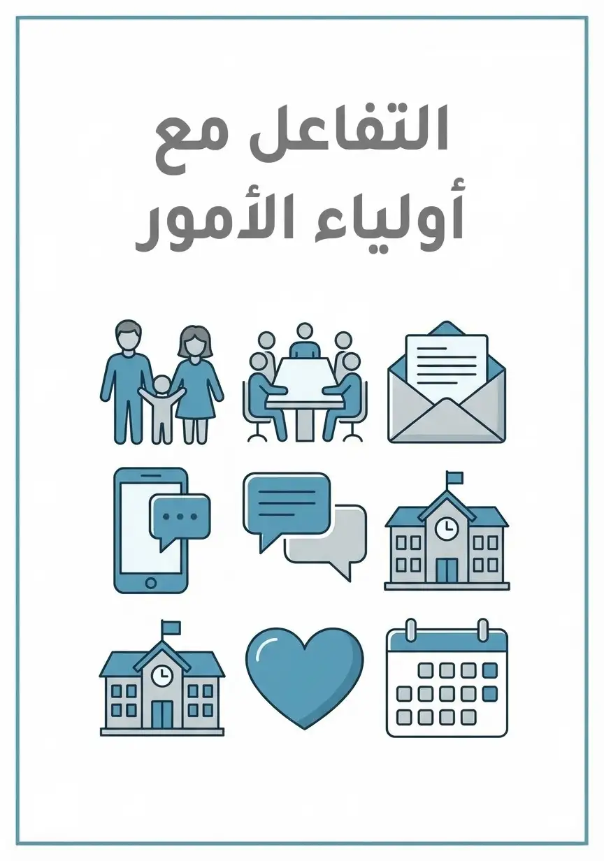 التفاعل مع أولياء الأمور: تقارير ونماذج جاهزة للتحميل والطباعة بصيغة PDF مفرغة وجاهزة لإضافة محتواك الخاص لجميع عناصر تقييم الأداء الوظيفي: أداء الواجبات الوظيفية، التفاعل مع المجتمع المهني، التفاعل مع أولياء الأمور، التنوع في استراتيجيات التدريس، تحسين نتائج المتعلمين، إعداد وتنفيذ خطة التعلم، توظيف تقنيات وسائل التعلم المناسبة، تهيئة بيئة تعليمية، الإدارة الصفية، تحليل نتائج المتعلمين وتشخيص مستواهم، تنوع أساليب التقويم، وتهيئة البيئة المدرسية للبرامج والأنشطة الطلابية