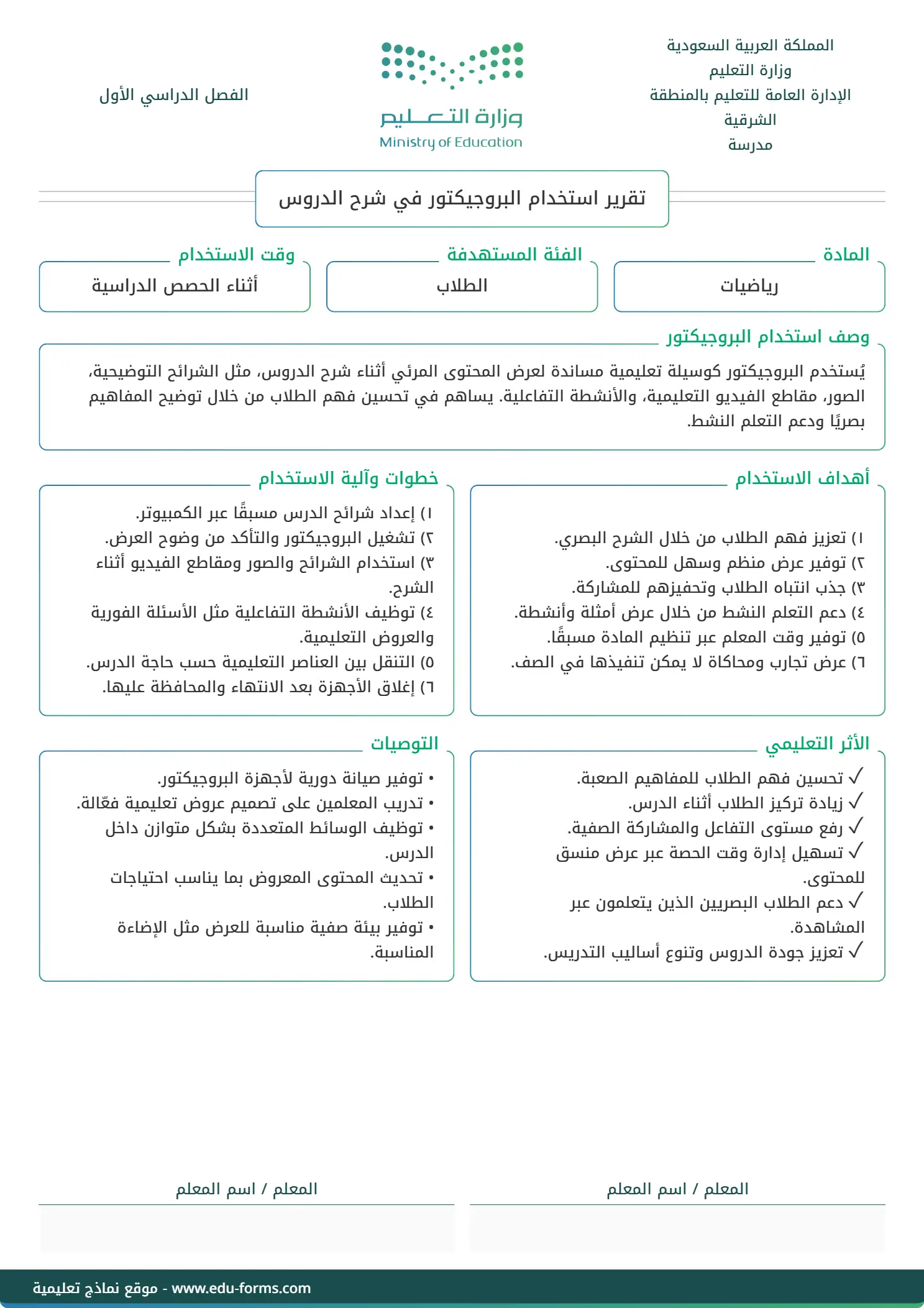 تقرير استخدام البروجيكتور (Projector) في شرح الدروس: 